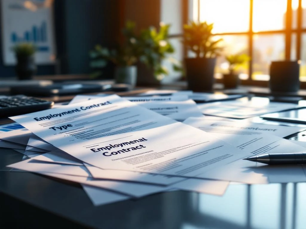 Professionele arbeidscontracten uitgespreid op modern bureau met natuurlijk licht en kantooromgeving op achtergrond