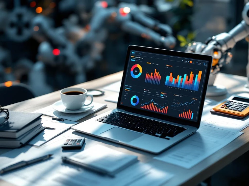 Moderne kantoorwerkplek met laptop met automatiseringsdashboards, documenten en calculator op bureau met natuurlijk licht