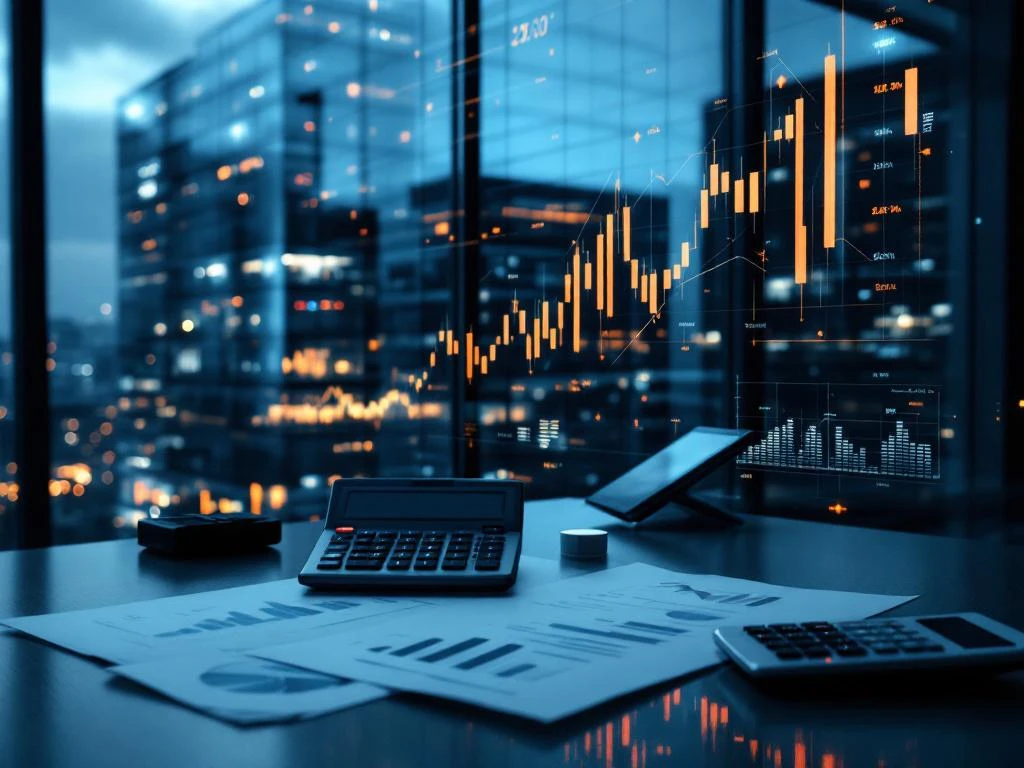 Luchtfoto van modern glazen kantoorgebouw met verlichte verdiepingen, calculator en financiële documenten op voorgrond