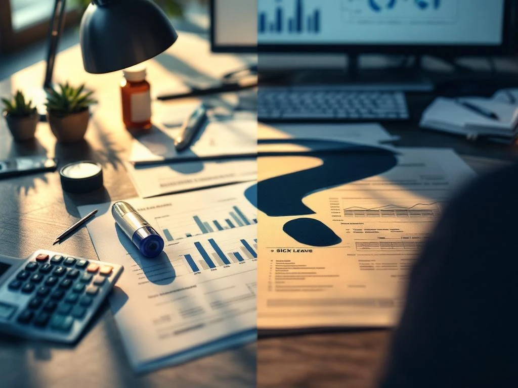 Gesplitst bureau toont bedrijfsdocumenten en rekenmachine tegenover thermometer en ziekteformulier met vraagtekenschaduw
