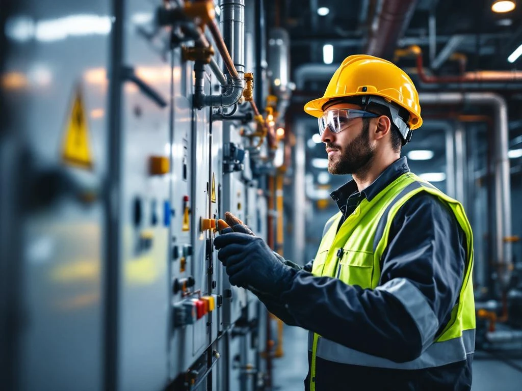 Bouwvakker in veiligheidskleding inspecteert elektrische installaties en leidingen in moderne industriële omgeving