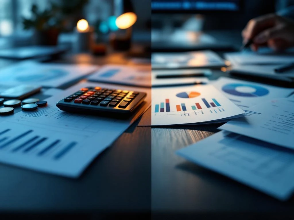 Gesplitste werkruimte toont Business Controller bureau met financiële grafieken links en Management Accountant werkplek rechts