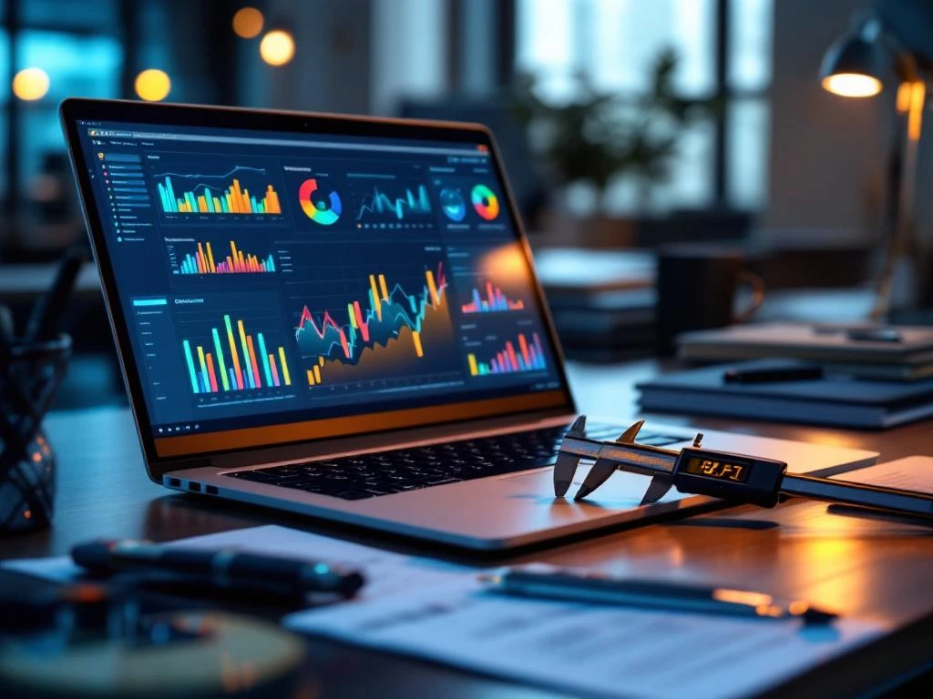 Moderne kantoorbureau met laptop die KPI-dashboards toont, meetinstrumenten en financiële grafieken in professionele omgeving