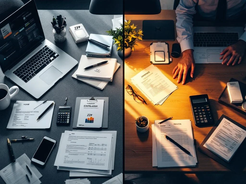 Vergelijking van twee werkruimtes: moderne kantoorbureau met laptop links, thuiskantoor met calculator rechts