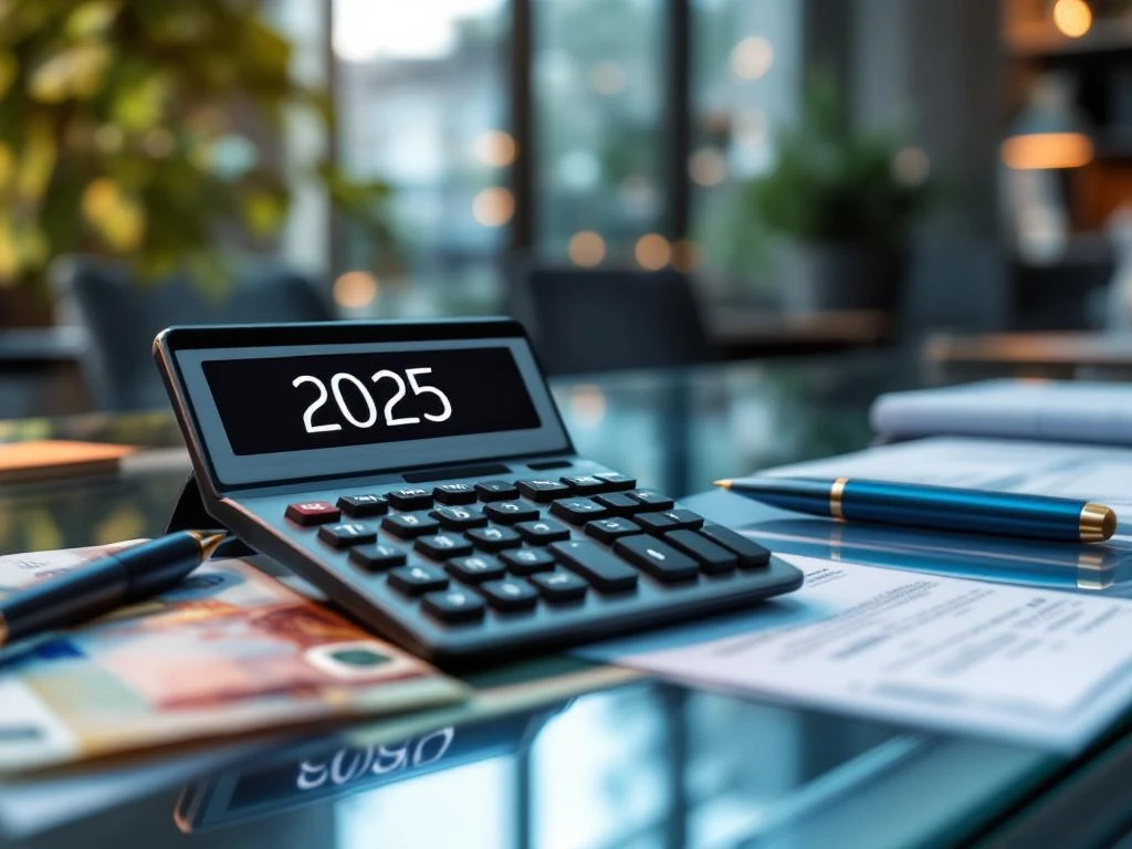 Calculator toont "2025" op glazen bureau met eurobiljetten, financiële documenten en pen in modern kantoor