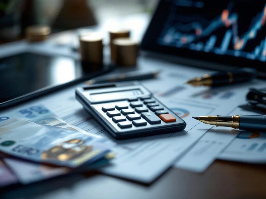 Moderne rekenmachine met financiële cijfers omgeven door eurobiljetten, grafieken en tablet met spreadsheetgegevens