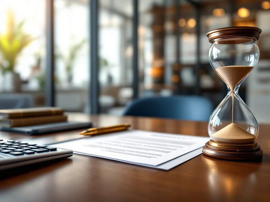 Contract document op houten bureau met calculator, pen en zandloper in moderne kantooromgeving