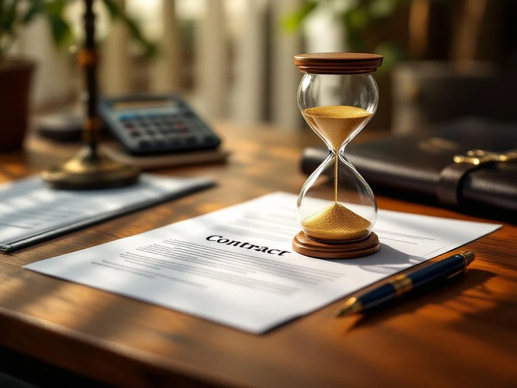 Zandloper met doorlopend gouden zand op zakelijk bureau naast contract, calculator en pen in warm kantoorlicht