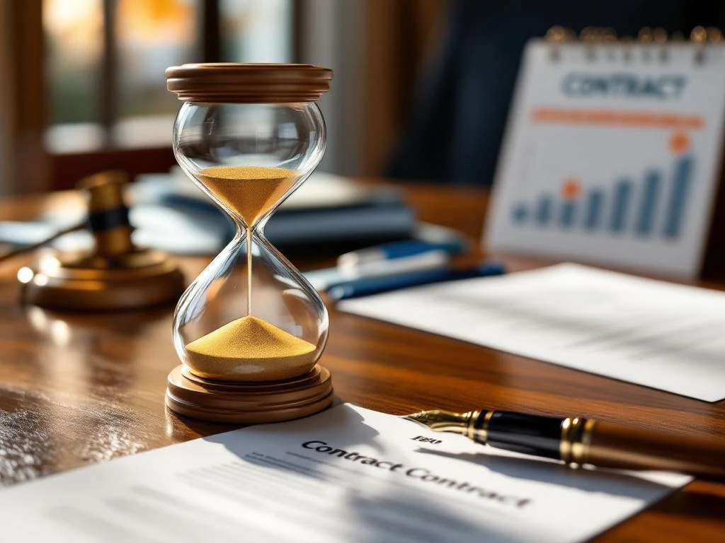 Zandloper met gouden zand op mahoniehout bureau naast getekende juridische contracten en vulpen in professioneel kantoor