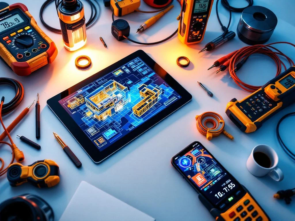 Moderne werkruimte met tablet met 3D bouwschema's, smartphone met meetapps en professionele installatietools van bovenaf