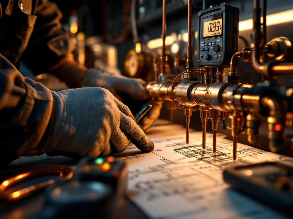 Vakkundige handen in werkhandschoenen installeren koperen leidingen en elektrische buizen op modern bedieningspaneel