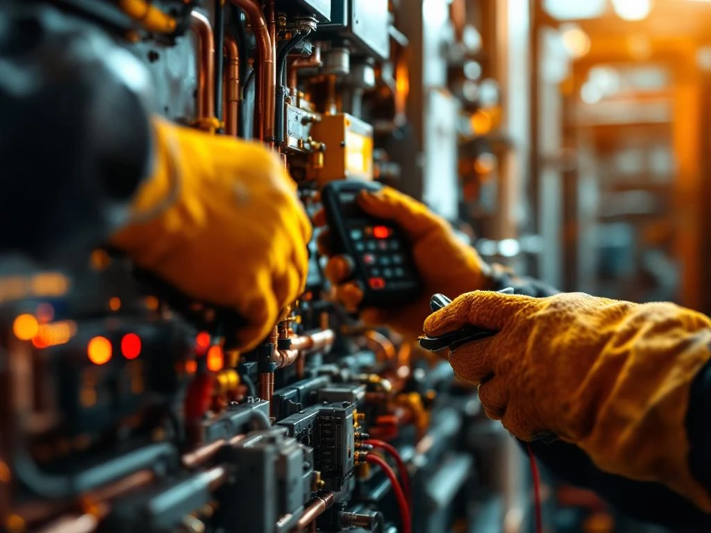 Vakkundige handen in werkhandschoenen voeren onderhoud uit aan elektrische installatie met gereedschap en HVAC-systemen