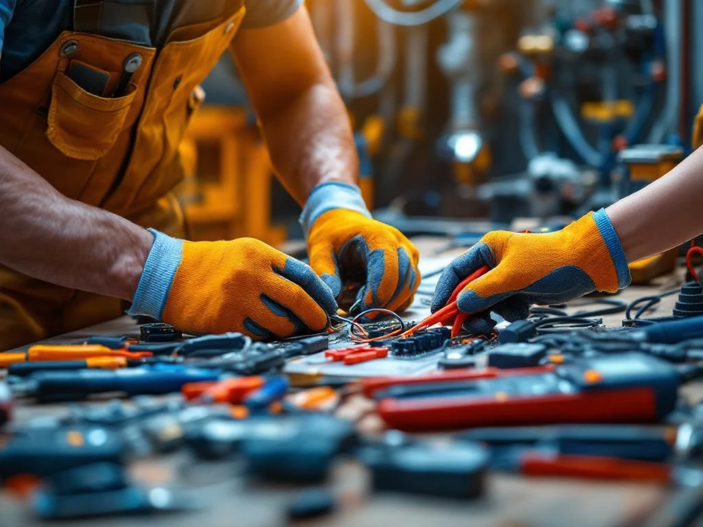 Ervaren handen in werkhandschoenen begeleiden jongere handen bij elektrische installatie met gereedschap op werkbank