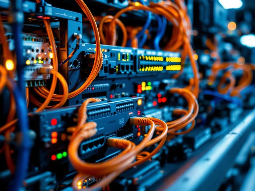 Elektrische installatieapparatuur met oranje en blauwe netwerkkabels op professionele werkbank met verlichte panelen