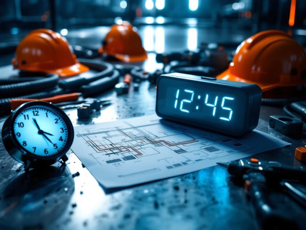 Moderne bouwplaats met elektrische installatie-apparatuur, blauwdrukken en veiligheidshelmen onder dramatische belichting