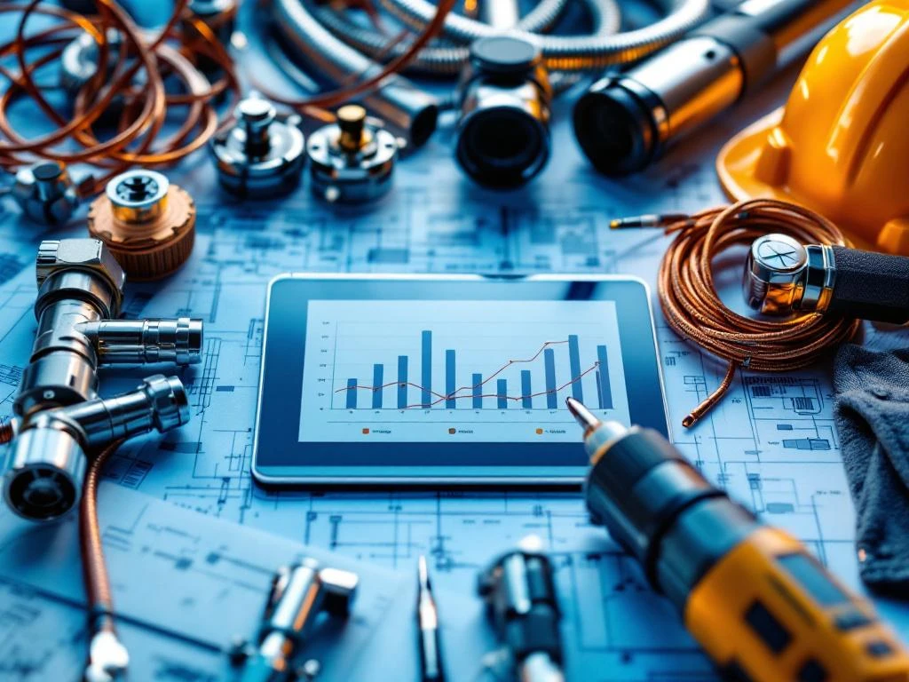 Professionele elektrische installatie componenten met koperen bedrading en meetinstrumenten op technische blauwdruk