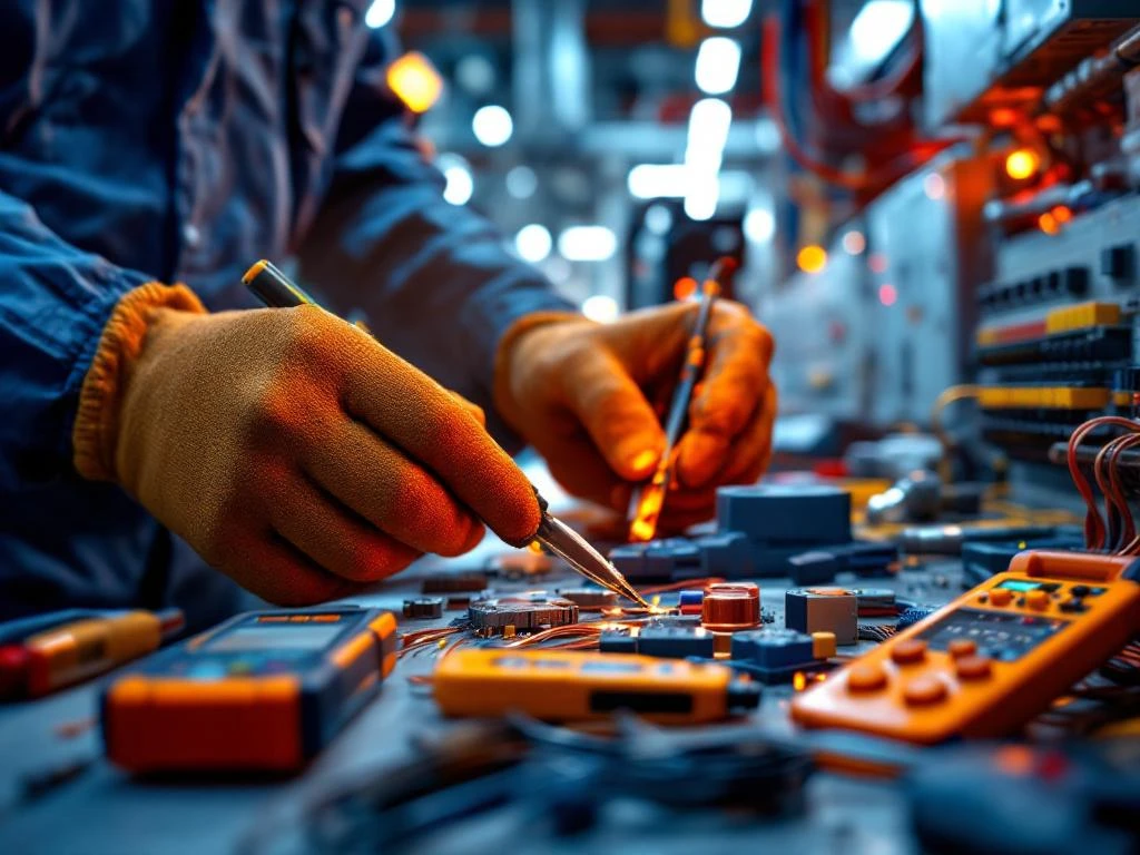 Elektricien met werkhandschoenen installeert precisie-elektrische componenten met koperdraad en meetapparatuur