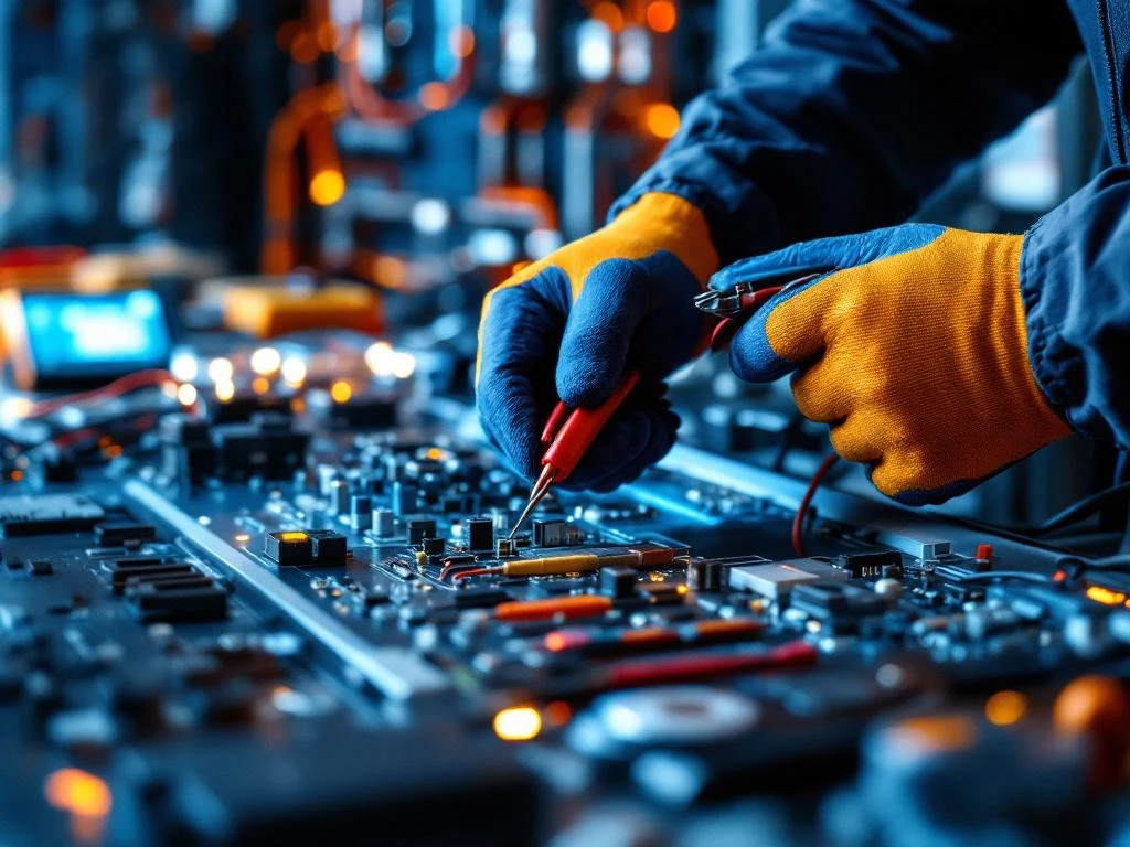 Geschoolde handen met werkhandschoenen bedienen elektrische installatie-apparatuur met multimeters en gereedschap