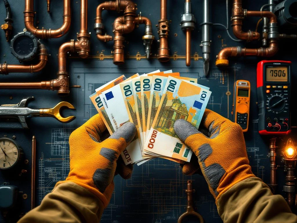 Handen in werkhandschoenen houden eurobiljetten vast tussen koperen leidingen en technische tekeningen