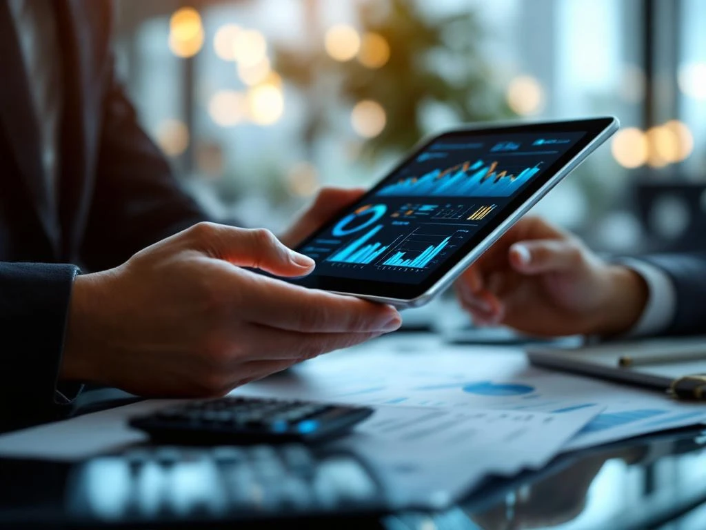 Handen met tablet met financiële grafieken op glazen bureau met rekenmachine en documenten in modern kantoor