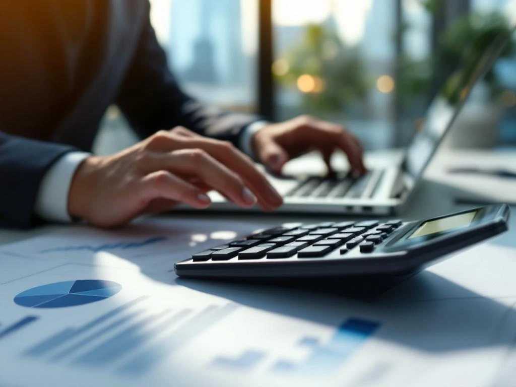 Moderne rekenmachine en financiële grafieken op bureau met professionele handen die op laptop typen in kantoor