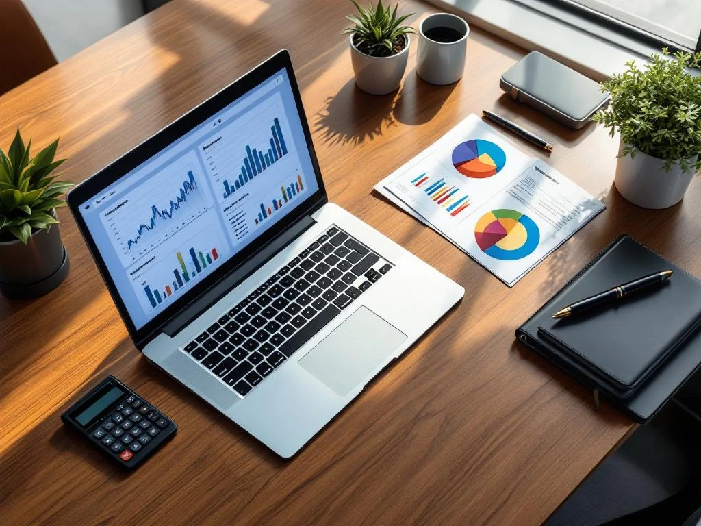 Moderne directiebureau met laptop met financiële grafieken, documenten, rekenmachine en vulpen op houten oppervlak