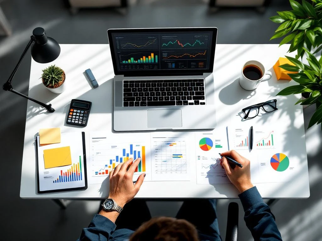 Bovenaanzicht van moderne werkplek met laptop, financiële grafieken, calculator en koffie op wit bureau