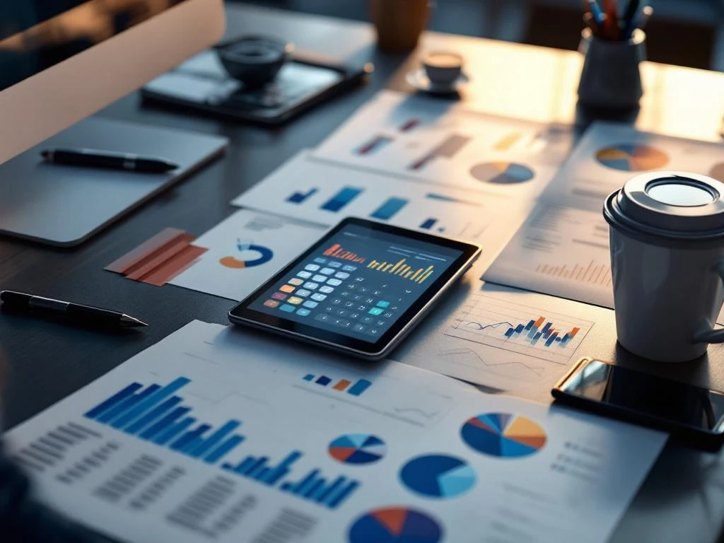 Moderne werkplek met financiële documenten, grafieken, calculator en tablet met datavisualisaties op bureau