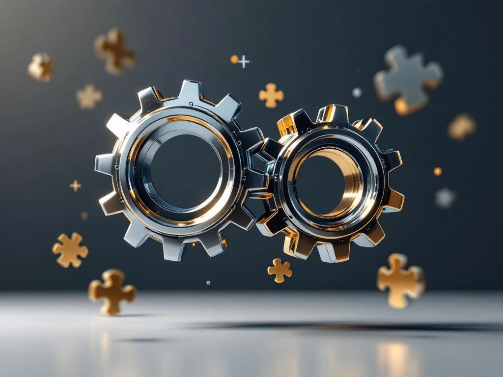 Chromen tandwielen en gouden puzzelstukjes die perfect in elkaar grijpen, symboliserend financiële precisie en expertise.