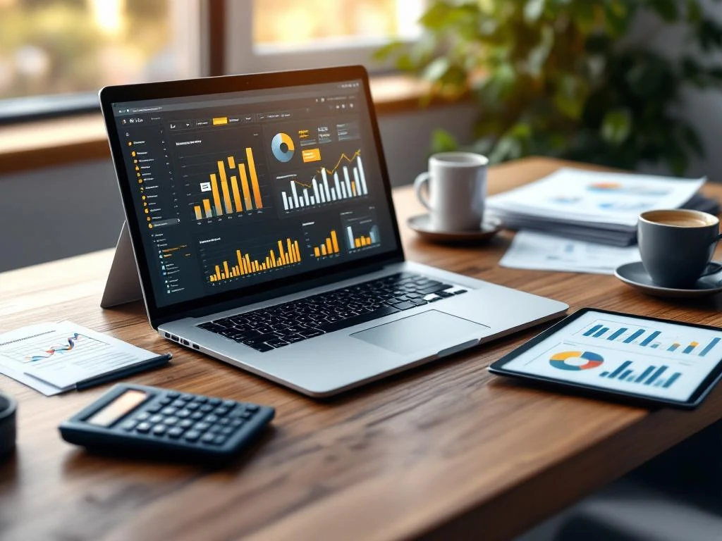 Laptop met financiële dashboards en Excel-grafieken op houten bureau omringd door calculator en rapporten