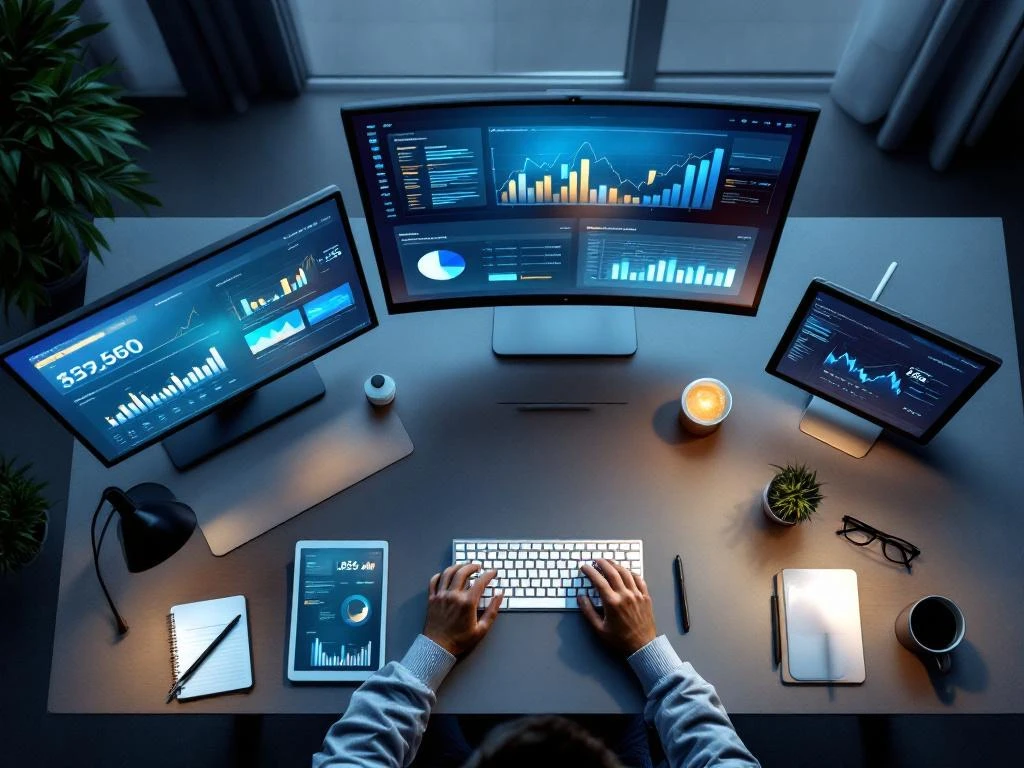 Bovenaanzicht moderne zakelijke werkplek met financiële dashboards op monitors, toetsenbord en koffiekopje