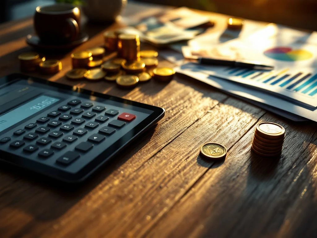 Houten bureau met belastingformulieren, rekenmachine, eurobiljetten, munten en tablet met financiële grafieken