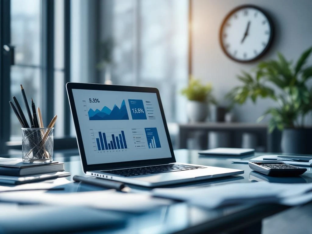 Laptop met financiële grafieken op glazen bureau met documenten, rekenmachine en klok in modern kantoor