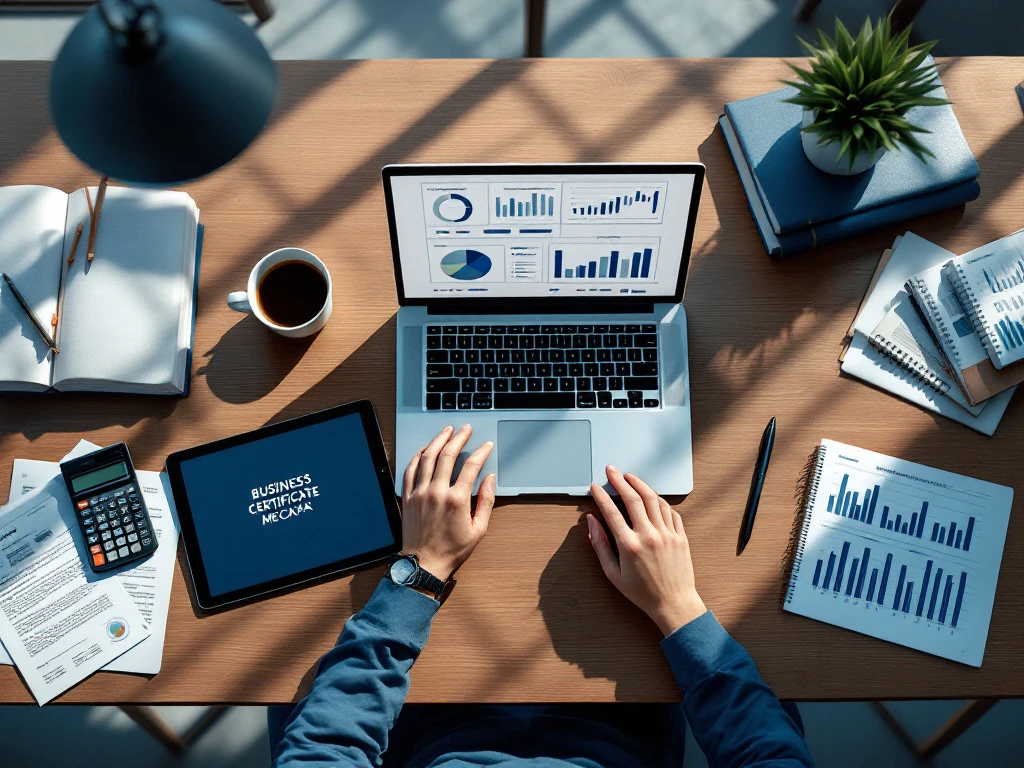 Moderne bureauopstelling met laptop met financiële grafieken, zakelijke studieboeken, calculator en tablet met diploma