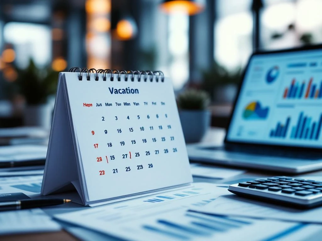 Bureau met open kalender met vakantiedagen, financiële documenten, calculator en laptop met grafieken voor werkbalans