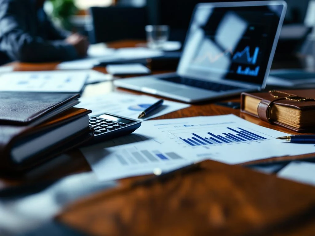 Houten vergadertafel met financiële documenten, laptop met data-analyse, calculator en mappen voor strategische planning
