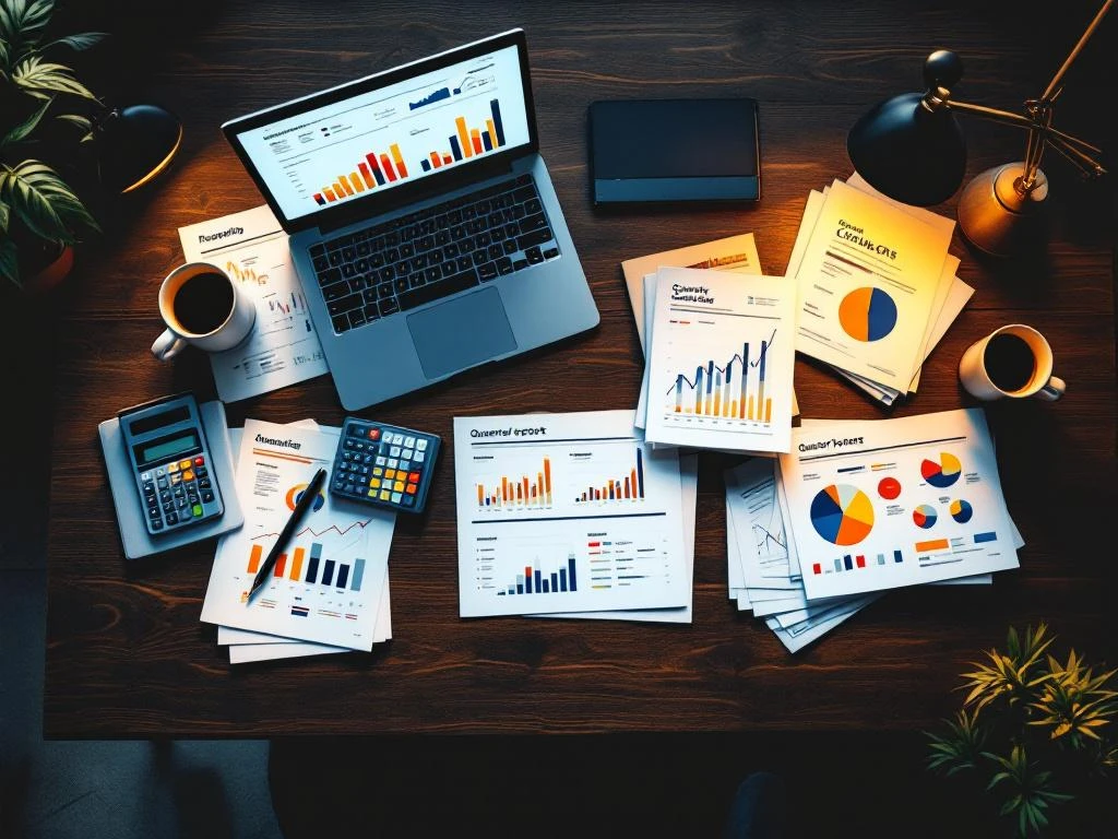 Moderne directiebureau met financiële rapporten, grafieken, laptop met analytics dashboard en calculator op donker hout