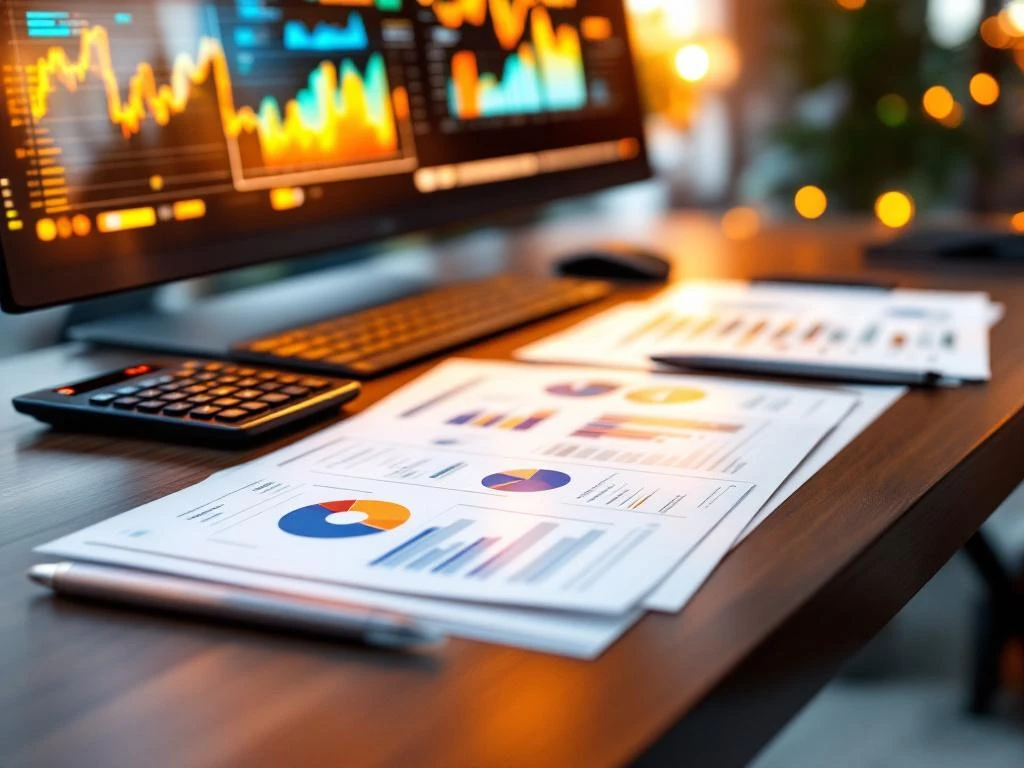 Modern kantoorbureau met financiële rapporten, digitale dashboards met grafieken en KPI-indicatoren op achtergrond