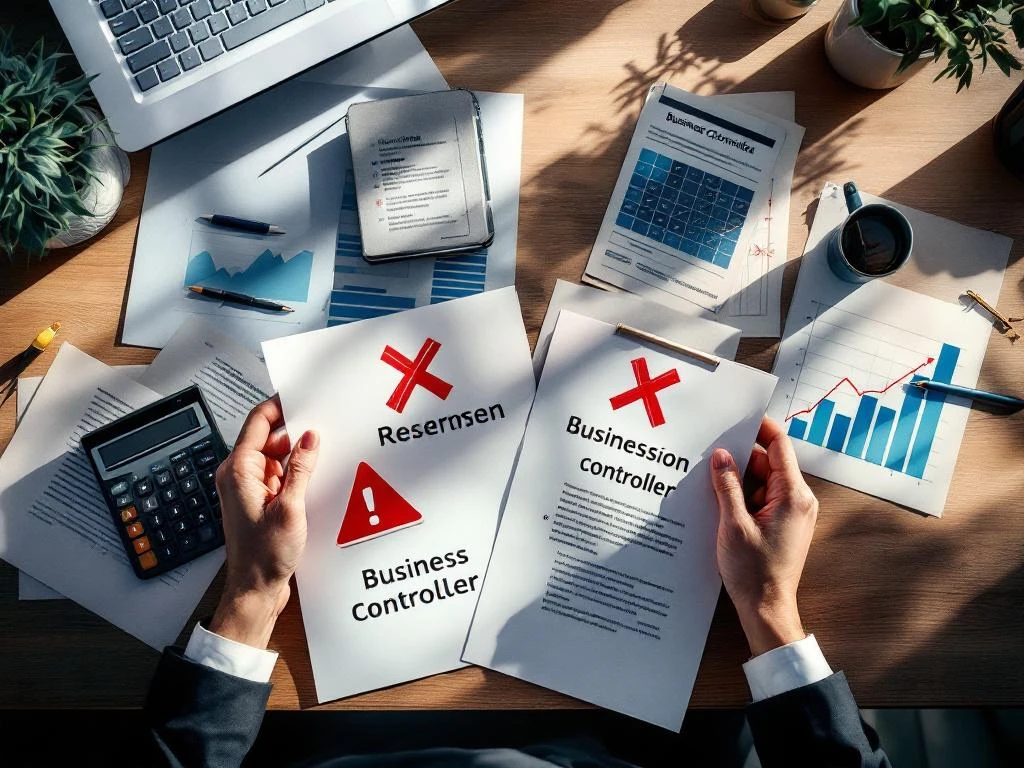 Kantoorbureau met financiële documenten, waarschuwingsvlaggen, calculator met foutmeldingen en ontslagpapieren bij vacature