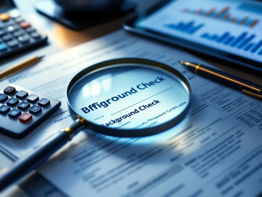 Vergrootglas over financiële documenten en achtergrondcheck formulieren op professioneel bureau met rekenmachine