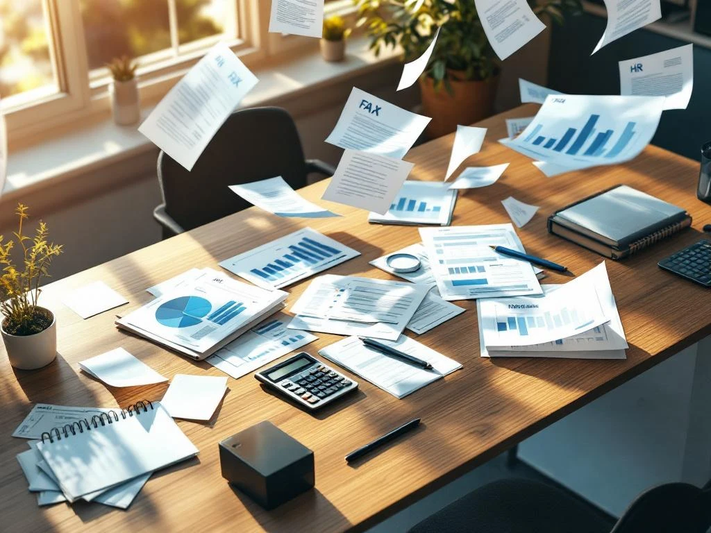 Luchtfoto van modern bureau met HR-documenten die wegwaaien terwijl calculator en grafieken op houten tafel blijven