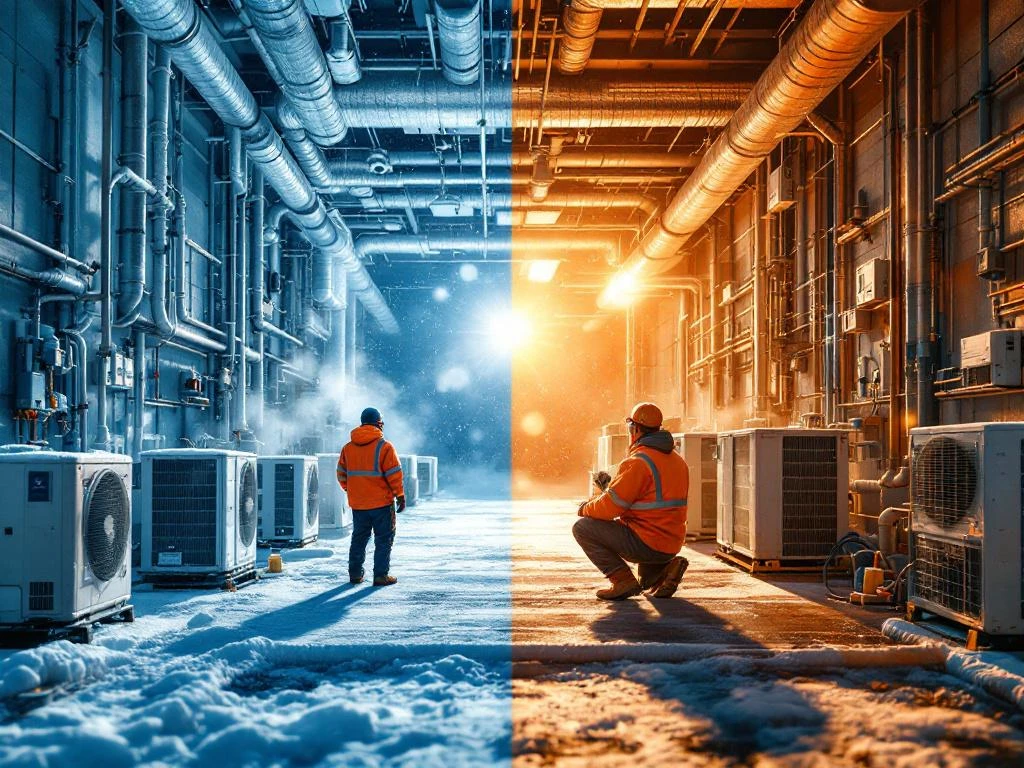 HVAC-installatiemedewerkers in winter en zomer split-screen met vorst, buizen en airconditioning units