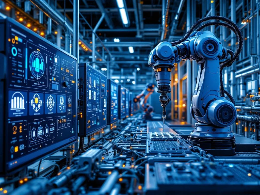 Robotarmen installeren elektrische componenten in moderne geautomatiseerde fabriek met digitale controlepanelen