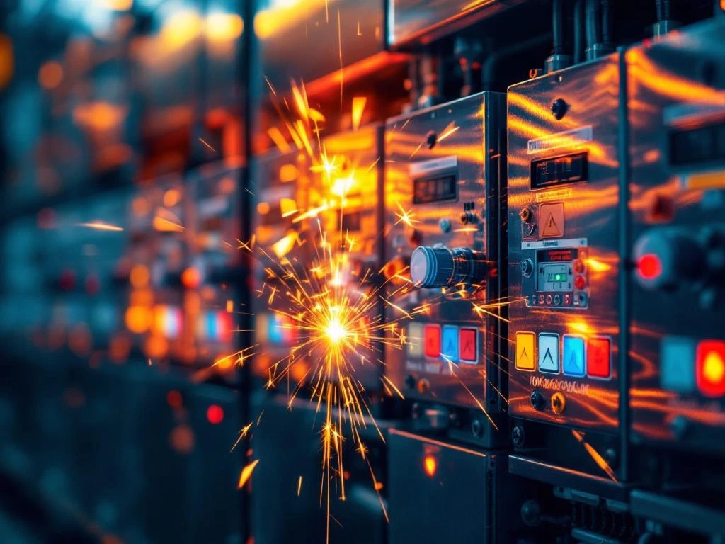 Industriële elektrische installatiepanelen met veiligheidslabels, helmen en handschoenen in professionele werkplaats