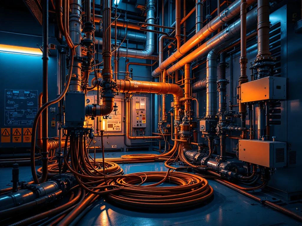 Industriële installatieapparatuur met complexe leidingsystemen en HVAC-componenten in moderne technische faciliteit