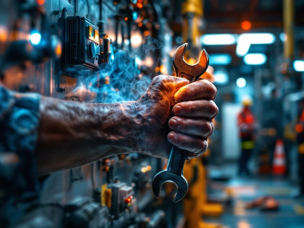 Handen grijpen moersleutel vast tijdens industriële installatiewerk met elektrische panelen en stoom in achtergrond