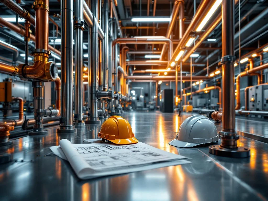 Moderne technische werkruimte met metalen leidingen, HVAC-systemen, helm en blauwdruk op stalen oppervlak