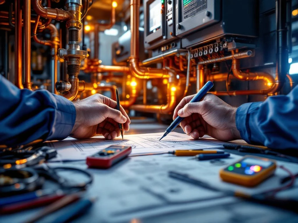 Professionele technicus gebruikt diagnostische gereedschappen op HVAC-systeem met koperen leidingen en elektrische installaties