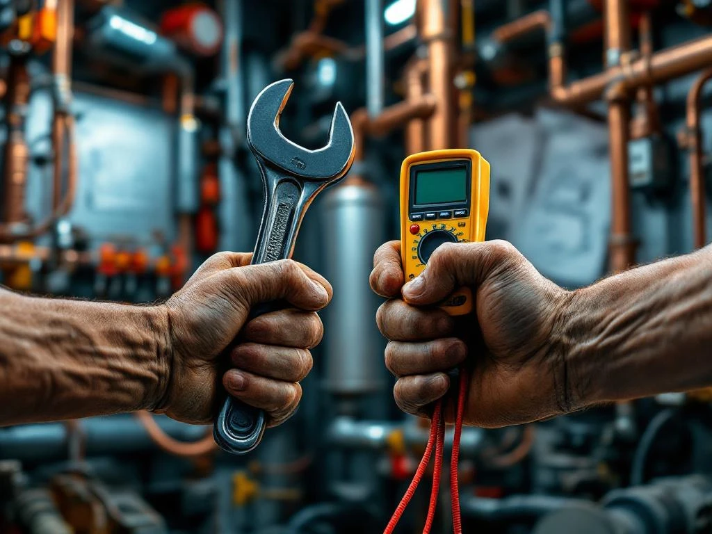 Handen met industriële gereedschap - moersleutel en multimeter - bij koperen leidingen en elektrische installaties
