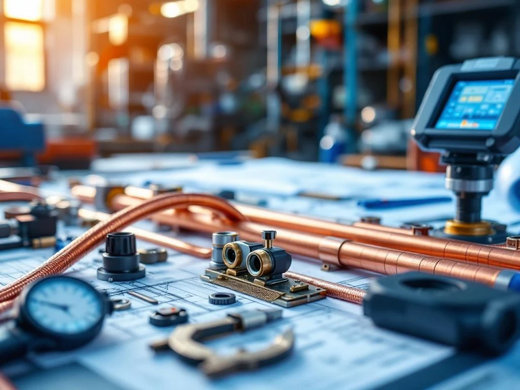 Installatiegereedschap en koperen leidingen op werkbank met technische tekeningen op de achtergrond